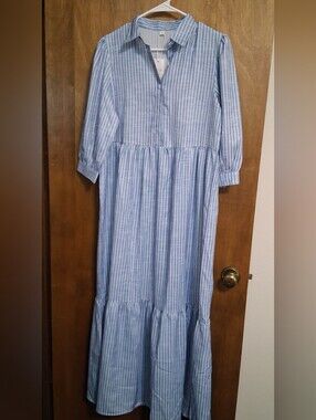 Light Blue Striped Maxi Dress with Tiered Skirt